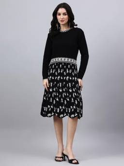 MODKLINE WITH MK - Black Women's Abstract Design with Acrylic Wool Knitted Jumper Dress