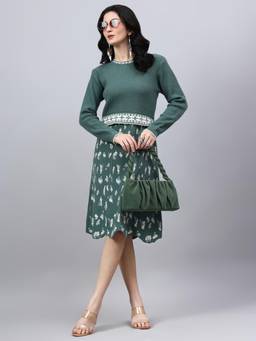 MODKLINE WITH MK - Green Women's Abstract Design with Acrylic Wool Knitted Jumper Dress
