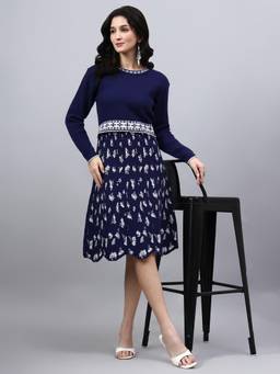 MODKLINE WITH MK - Blue Women's Abstract Design with Acrylic Wool Knitted Jumper Dress