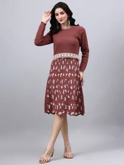 MODKLINE WITH MK - Brown Women's Abstract Design with Acrylic Wool Knitted Jumper Dress