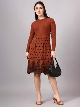MODKLINE WITH MK - Brown Women's Polka Dot Design with Acrylic Wool Knitted Jumper Dress