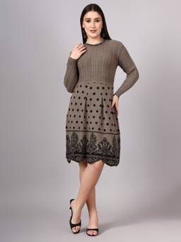 MODKLINE WITH MK - Brown Women's Polka Dot Design with Acrylic Wool Knitted Jumper Dress