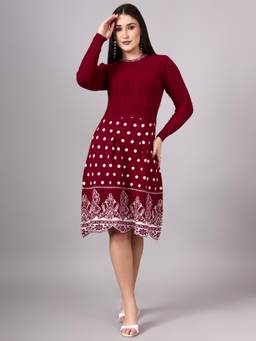 MODKLINE WITH MK - Maroon Women's Polka Dot Design with Acrylic Wool Knitted Jumper Dress