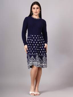 MODKLINE WITH MK - Navy Blue Women's Polka Dot Design with Acrylic Wool Knitted Jumper Dress