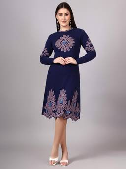 MODKLINE WITH MK - Navy Blue Women's Floral Knit Midi Dress with Acrylic Premium Wool