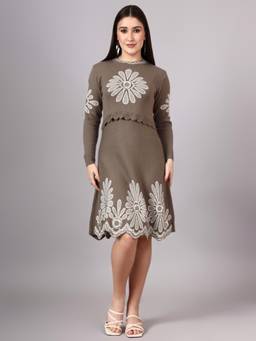 MODKLINE WITH MK - Brown Women's Floral Knit Midi Dress with Acrylic Premium Wool