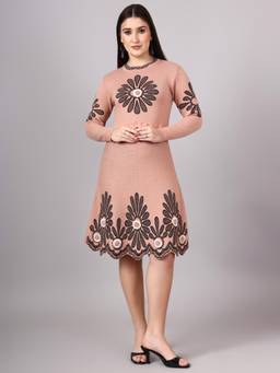 MODKLINE WITH MK - Peach Women's Floral Knit Midi Dress with Acrylic Premium Wool