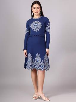 MODKLINE WITH MK - Blue Women's Floral Knit Midi Dress with Acrylic Premium Wool
