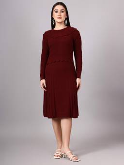 MODKLINE WITH MK - Maroon Women's Midi Dress with Acrylic Premium Wool