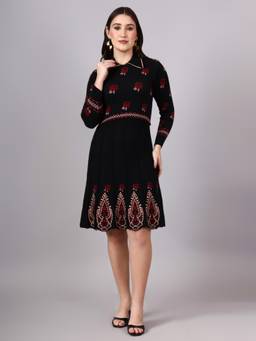 MODKLINE WITH MK - Black Women's Floral Design with Acrylic Wool Knitted Jumper Dress