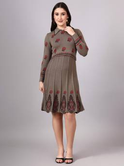 MODKLINE WITH MK - Grey Women's Floral Design with Acrylic Wool Knitted Jumper Dress