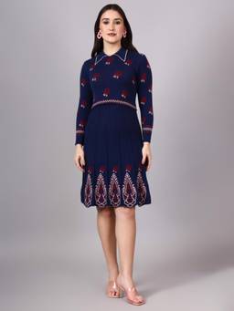 MODKLINE WITH MK - Navy Blue Women's Floral Design with Acrylic Wool Knitted Jumper Dress