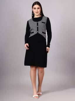 MODKLINE WITH MK - Black Women's Floral Design with Acrylic Wool Knitted Jumper Dress
