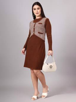 MODKLINE WITH MK - Brown Women's Floral Design with Acrylic Wool Knitted Jumper Dress