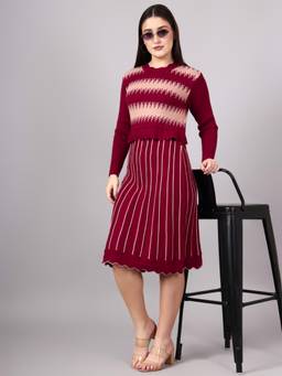MODKLINE WITH MK - Maroon Women's Midi Dress with Acrylic Premium Wool