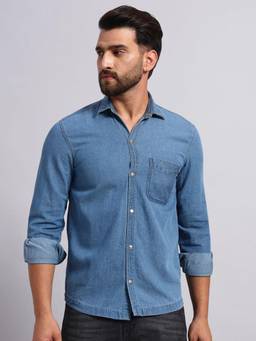 Label nyc apparel - Blue Men Classic Slim Fit Solid Spread Collar Cotton Casual Shirt