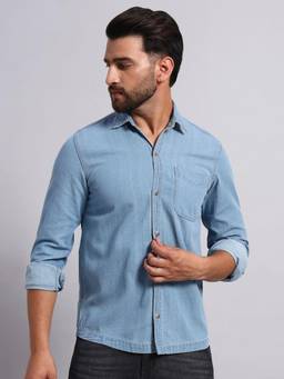Label nyc apparel - Blue Men Classic Slim Fit Solid Spread Collar Cotton Casual Shirt