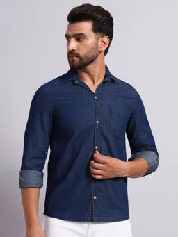 Label nyc apparel - Navy Blue Men Classic Slim Fit Solid Spread Collar Cotton Casual Shirt