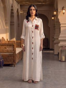 House of Fett - White Picante Hand Embroidered Long Shirt Dress