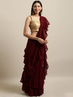 Tikhi Imli - Maroon Solid Poly Georgette Ruffle Saree with Unstitched Blouse