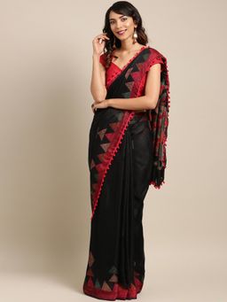 Tikhi Imli - Black Geometric Print Cotton Saree with Unstitched Blouse