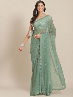 Tikhi Imli - Green Batik Printed Georgette Saree with Chikankari Lace with Unstitched Blouse