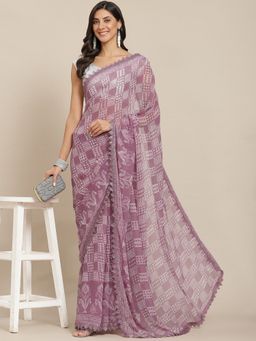 Tikhi Imli - Mauve Batik Printed Georgette Saree with Chikankari Lace with Unstitched Blouse