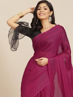 Tikhi Imli - Pink Solid Polyester Saree with Unstitched Blouse