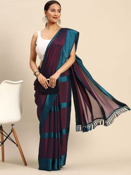 Tikhi Imli - Teal and Wine Two Toned Satin Striped Saree with Unstitched Blouse