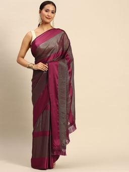 Tikhi Imli - Maroon Toned Satin Striped Saree with Unstitched Blouse