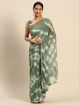 Tikhi Imli - Olive Green Colored Polyester Georgette Tie Dye Saree with Sequin with Unstitched Blouse