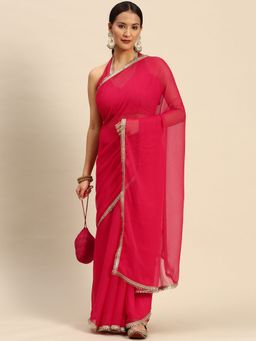 Tikhi Imli - Pink Colored Polyester Saree with Gold Lace and Sequin with Unstitched Blouse