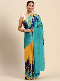 Tikhi Imli - Mustard and Turquoise Colored Polyester Satin Saree with Unstitched Blouse