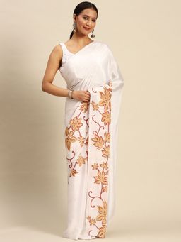 Tikhi Imli - Off White and Mustard Colored Polyester Satin Saree with Unstitched Blouse