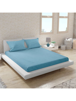 HomeTown - Nora Palette Cotton Double Bed Sheet in Dusky Blue (Set of 3)