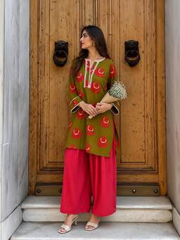 Poppi - Green Wild Rose Printed Kurta With Palazzo