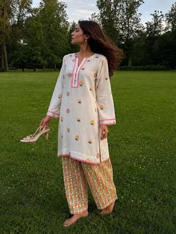 Poppi - White Noor Printed Kurta With Palazzo