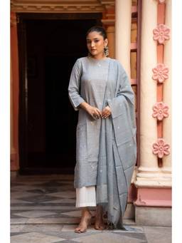 Sutra Art of Clothing - Ash Grey Jamdani Handwoven Pure Cotton Kurta with Pants and Dupatta