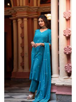 Sutra Art of Clothing - Teal Blue Yantra Motif Jamdani Kurta with Pants and Dupatta