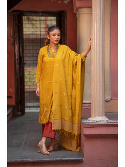 Sutra Art of Clothing - Mustard Jamdani Handwoven Pure Cotton Kurta with Pants and Dupatta