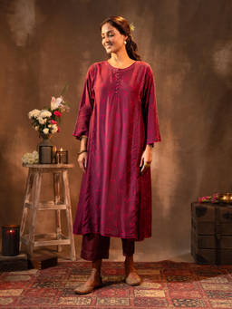Rangsutra - Ruhani Wine Button Down Silk Bandhej Kurta