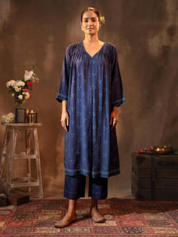 Rangsutra - Ruhani Midnight Blue Gathered Silk Bandhej Kurta