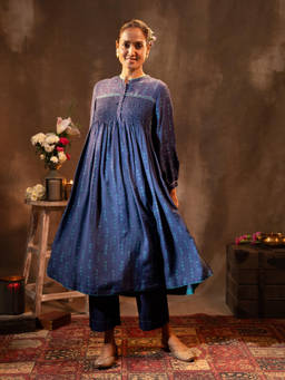 Rangsutra - Ruhani Midnight Blue Flared Silk Bandhej Kurta