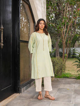 Rangsutra - Suhani Mint A-Line Cotton Soof Hand Embroidery Kurta