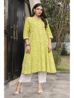 Rangsutra - Suhani Lime Kalidar Cotton Chikankari Hand Embroidery Kurta