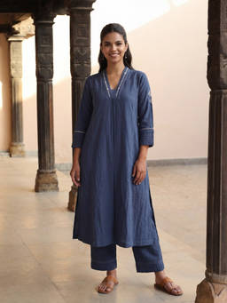 Rangsutra - Dhwani Blue A-Line Cotton Desert Hand Embroidery Kurta
