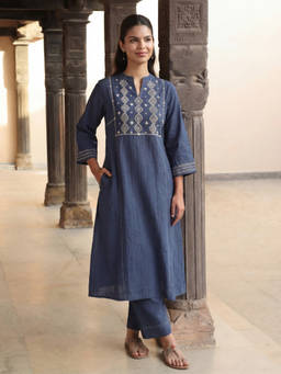 Rangsutra - Dhwani Blue Kalidaar Cotton Desert Hand Embroidery Kurta