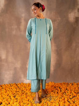 Rangsutra - Ruhani Teal A-line Cotton Silk Soof Hand Embroidery Kurta