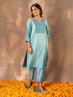 Rangsutra - Ruhani Teal Flared Cotton Silk Soof Hand Embroidery Kurta