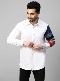 Echke - White Shirt with Multicolor Patchwork on One Sleeve